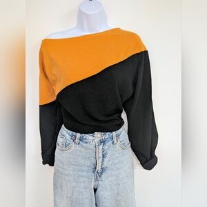 Colorblock Off-Shoulder Sweater - Black and Orange